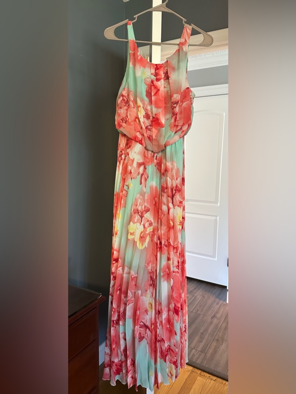 B Darlin Coral and Mint Floral Maxi Dress with Yellow Accents